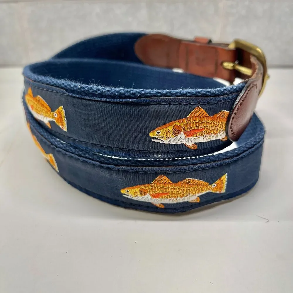 Vtg Leather Man Ltd Mens Trout Redfish Blue Ribbon Brown Leather Belt Size 36 M